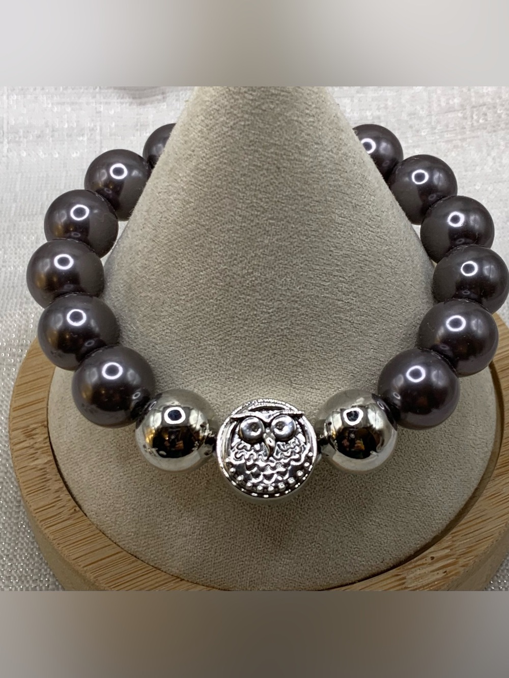 OWL - PETITE CHARM - Gray Beaded Snap Button Bracelet and Charm - 12mm/13mm